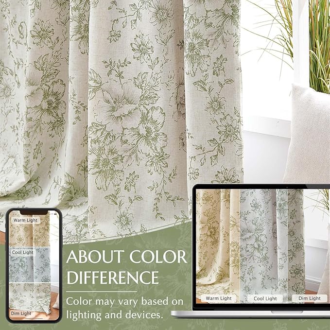 jinchan Blackout Floral Curtains for Living Room Bedroom Linen Blend Curtain Farmhouse Green Printed with Lined Back Tab Rod Pocket Drapes Window Treatments 2 Panels 90 Inch