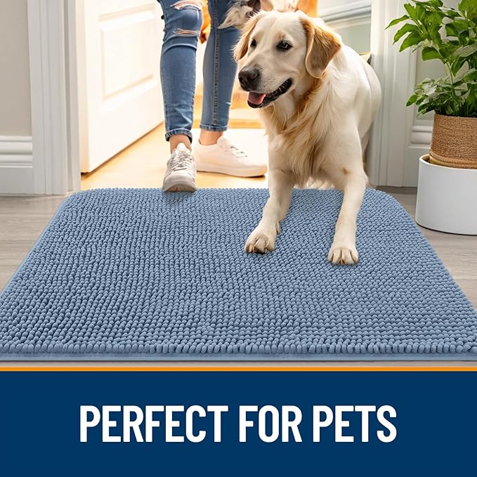 OLANLY Dog Door Mat for Muddy Paws 70x46, Absorbs Moisture and Dirt, Absorbent Non-Slip Washable Doormat, Quick Dry Chenille Mud Mat for Dogs, Entry Indoor Entryway Carpet for Inside Floor, Airy Blue