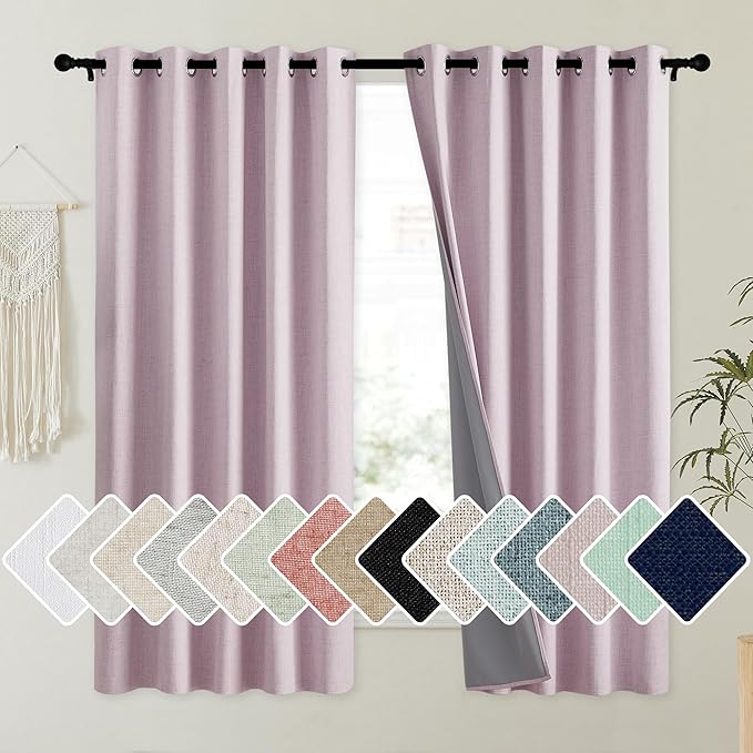NICETOWN Pink Vintage Linen 100% Blackout Curtains for Kitchen, Thermal Insulated Curtains 63" Long, Noise Reducing Window Treatment Drapes for Dorm Room, 62" Wide Per Panel, Set of 2