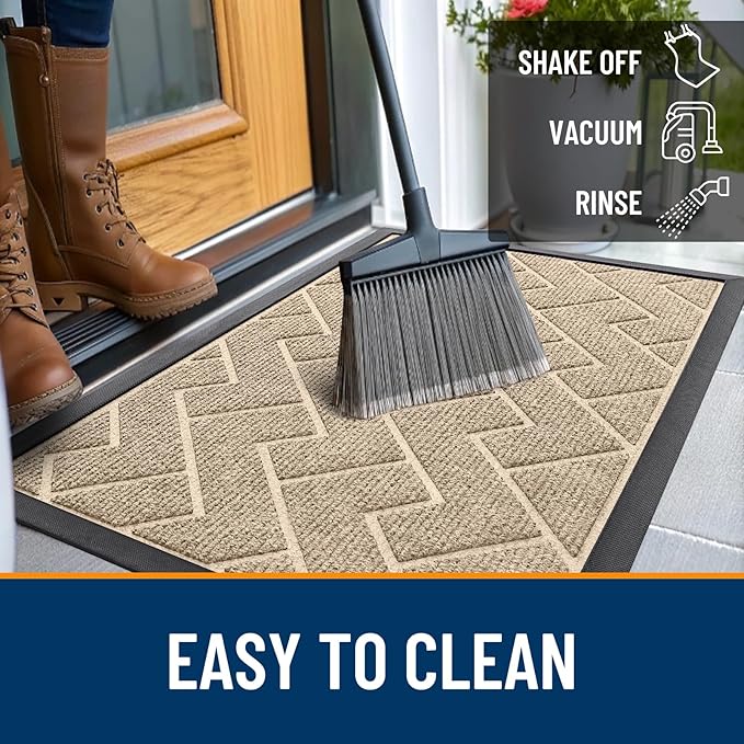 OLANLY Front Door Mat Indoor Outdoor Entrance, Waterproof All-Season, All-Weather Doormat, Sturdy Natural Rubber, Low Profile, Easy Clean Patio Porch Entryway Mat, Herringbone Brick (Beige, 36x24)