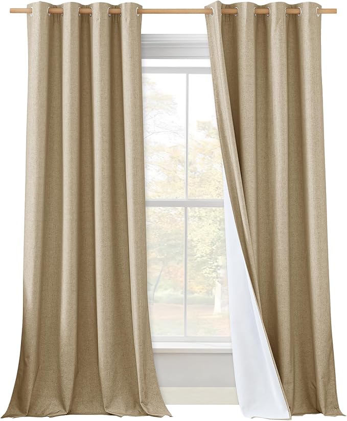 NICETOWN 100% Absolutely Blackout Linen Curtains with Thermal Insulated White Liner, Camel, W52 x L120, 2 Panels, Textured Linen Look Noise Reducing Window Treatments Drapes for Bedroom/Living Room