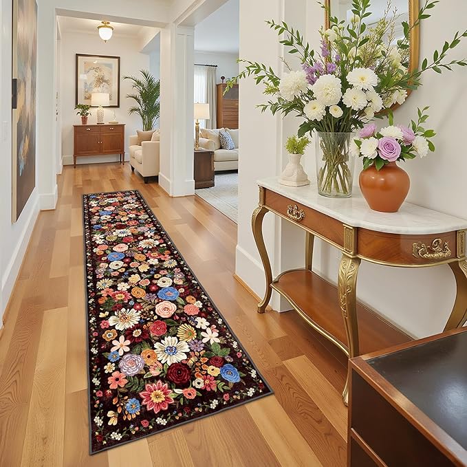 Rug for Hallways Kitchen Rug 2'6" x 14', Non Slip Washable Rugs with Rubber Backing Soft Floral Carpet Runner for Hallways, Kitchen, Laundry, Bedroom, Bathroom(2.6 x 14, Black/Brown)