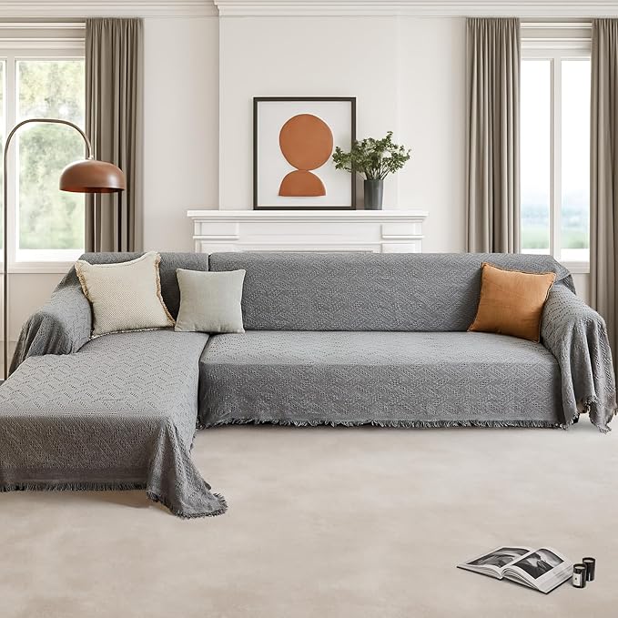 HOMERILLA Sectional Couch Covers for Sectional Sofa L Shaped Sofa Cover Blanket 2 Pieces L Shape Furniture Protector for Pets Dogs (Light Grey, X-Large)