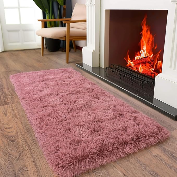 Soft Runner Rugs for Bedroom Hallways, 2x4 Blush Pink Fluffy Shag Throw Area Rug Non Slip for Bedside Dorm, Long Shaggy Furry Carpet for Nursery Living Room