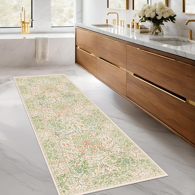 Hazo Haus Non Slip Beige Green Bathroom Runner Rug - Long Runner Rugs 24 x 72 Washable Kitchen Floor Mat, Laundry Room Rug, Hallway Runner - Vintage Floral Design Décor (2x6 Beige Green)