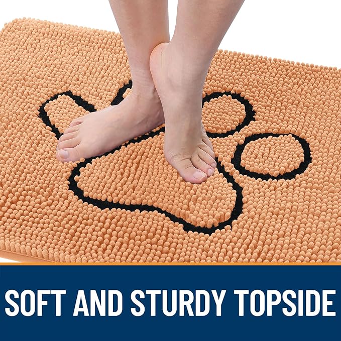 OLANLY Dog Door Mat for Muddy Paws 48x30, Paw Print Design, Absorbs Moisture and Dirt, Absorbent Non-Slip Washable Doormat, Quick Dry Chenille Mud Mat for Dogs, Entry Indoor Entryway Carpet, Orange
