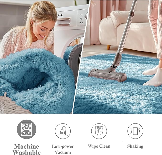 OLANLY Slate Blue Round Rugs for Bedroom - Machine Washable, 4 ft Circle Area Rugs for Living Room, Soft and Fluffy Shaggy Carpet for Teen Girl and Boys, Nursery Rooms, Dorms, Home Decor Aesthetic
