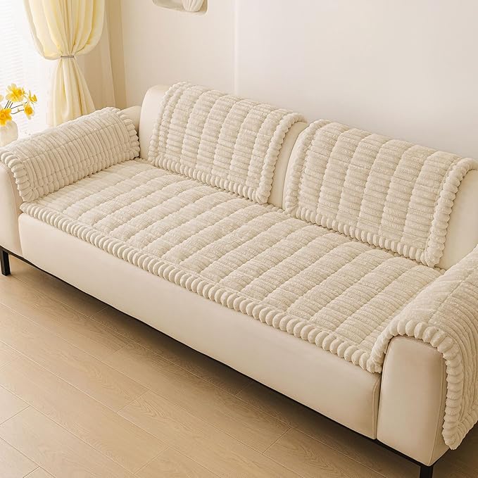 hyha Couch Covers for Dogs Washable, Non Slip Plush Dog Sofa Protectors, Fuzzy Pet Couch Covers for 3 Cushion Sofa Pet Friendly (Apricot, 27.6" x 70.9")