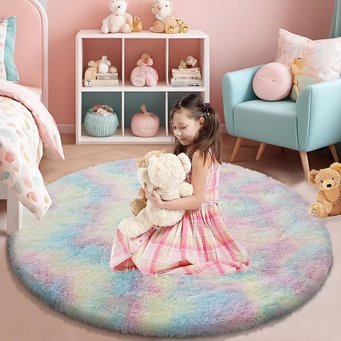 yulidayang Rainbow Fluffy Round Area Rugs for Bedroom,3Ft Shag Circle Area Rugs for Girls Room,Non Slip Fuzzy Plush Rug for Kids Room Living Room and Dorm Home Decor Rug