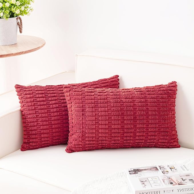 Pack of 2 Corduroy Decorative Throw Pillow Covers 12x20 InchSoft Boho Striped Pillow Covers Modern Farmhouse Home Decor for Sofa Living Room Couch Bed（Cranberry Red）