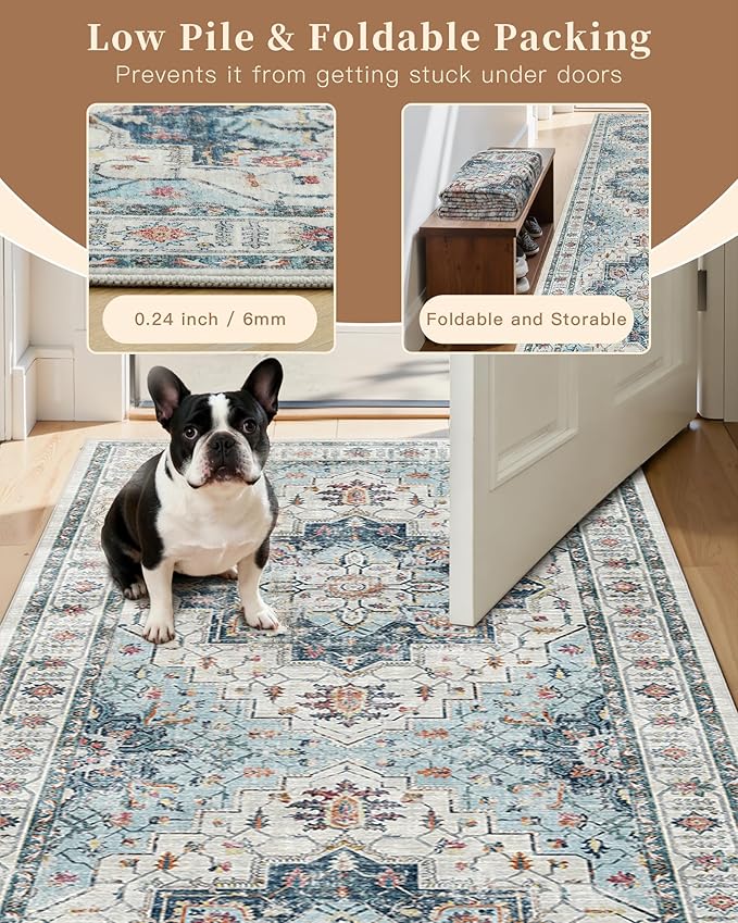 Madane Hallway Runner 3x8, Kitchen Rugs Washable Entryway Rug Vintage Kitchen Runners Non Slip Indoor Area Rug Farmhouse Carpet Runner for Bathroom Living Room Bedroom (3 X 8, Blue)