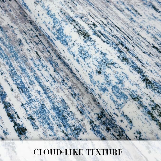 Lansny Modern Abstract Runner Rug 2.6x10, Grey Blue White Washable Long Kitchen Runner Non-Slip Soft Hallway Rug Runner Thin Print Faux Wool Carpet for Entryway Bedroom Laundry Room Indoor Home Decor