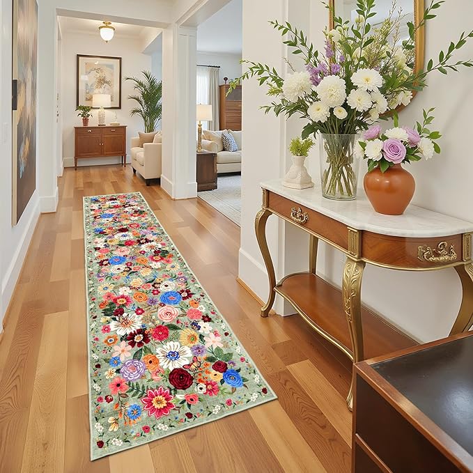 Rug for Hallways Kitchen Rug 2'6" x 14', Non Slip Washable Rugs with Rubber Backing Soft Floral Carpet Runner for Hallways, Kitchen, Laundry, Bedroom, Bathroom(2.6 x 14, Green Garden)