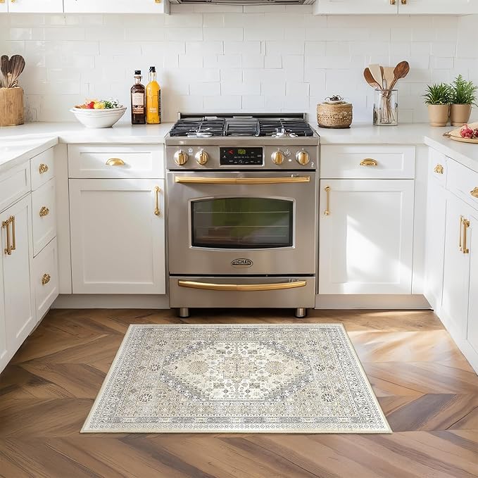 Entryway Rug - 2x3 Washable Rug Runner for Bathroom, Laundry Room, Kitchen, Soft Vintage Hallway Runner for Bedroom, Non-Slip Door Mat Indoor Entrance(Beige,2'x3')