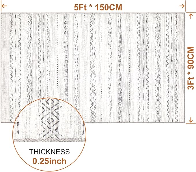 Nakagishi Area Rug Living Room Rugs: 3x5 Soft Machine Washable Boho Neutral Farmhouse Stain Resistant Moroccan Indoor Floor Carpet for Bedroom Nursery Kids Entryway Kitchen Entry Bedside Home- Gray