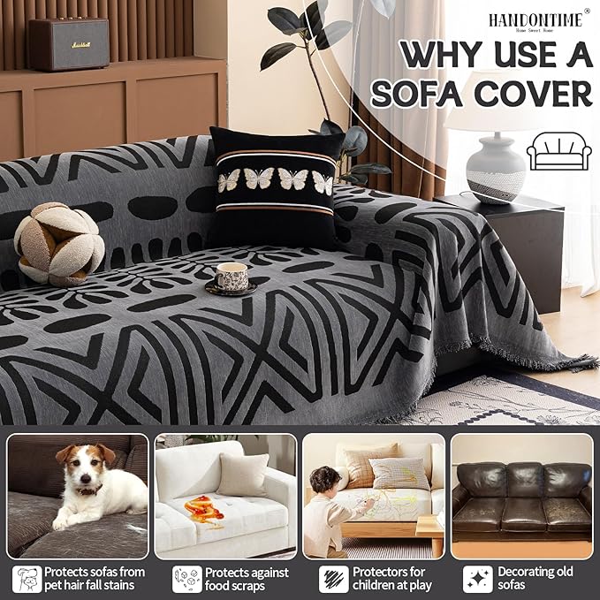 HANDONTIME Boho Couch Cover Blanket Geometric Striped Pet Covers for Couches and Sofas Dark Grey and Black Dog Cover for Couch Pet Friendly Chenille Sectional Sofa Covers for Pets Washable, 71" X118"