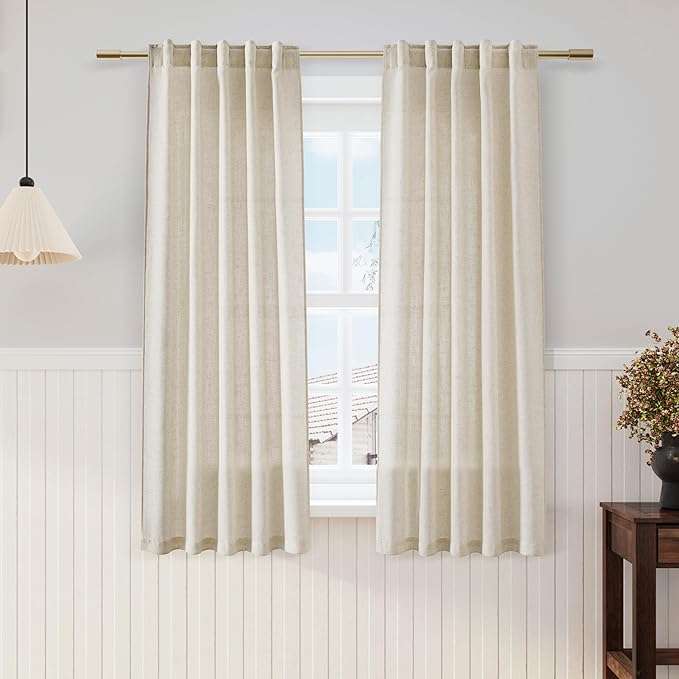 Nanspring Beige Linen Curtains 63 inches Long for Bedroom Back Tab Sheer Beige Curtains Modern Farmhouse Coastal Decor Cotton Textured Gauze Curtain for Bathroom 2 Panel Set 38x63