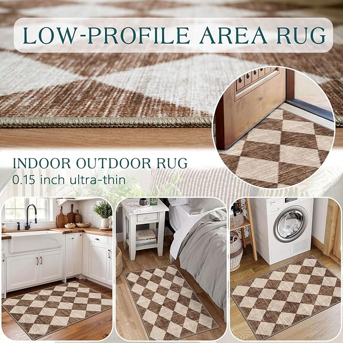 Front Door Rug - 2x3 Brown Beige Non-Slip Washable Doormat Indoor Outdoor Mat Outside Entrance Entry Rug Checkered Diamond Small Area Rugs for Entryway Bedroom Kitchen Front Porch Decor