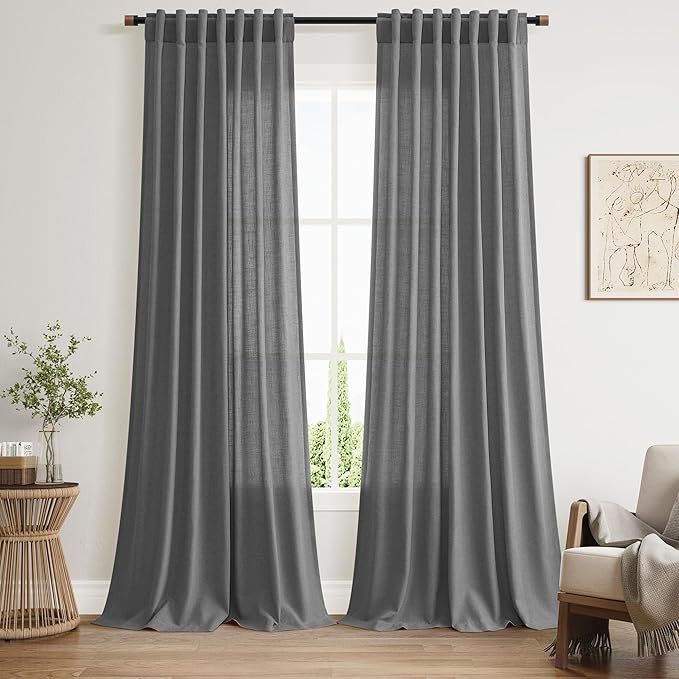 Nanspring Blazer Grey Curtain Linen Blend Light Filtering Back Tab Curtains 108 Inches Long, Semi Sheer Privacy Drapes for Living Room & Bedroom, 52x108 inch, 2 Panels