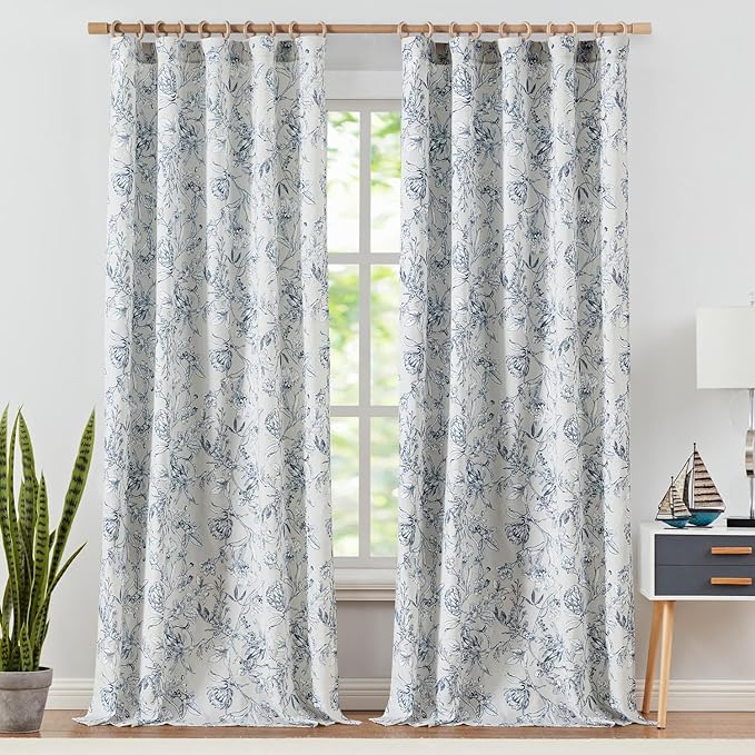 jinchan Floral Curtains 96 Inches Long Blue Flower Linen Farmhouse Curtain for Living Room French Country Vintage Curtain Rod Pocket Curtains Set 2 Panels Blue Floral Printed