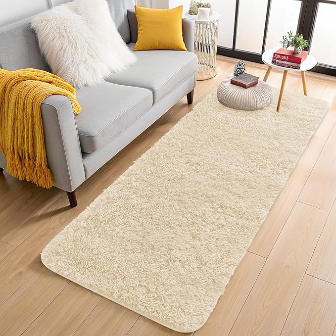 OLANLY 2x8 Machine Washable Runner Rugs for Hallway, Soft Fluffy Shaggy Bedside Rugs for Bedroom, Living Room, Indoor Floor Carpet for Kids Girls and Boys, Nursery Rooms, Home Decor Aesthetic, Cream