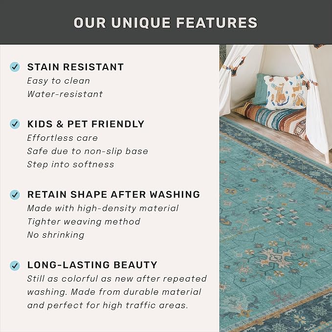 Boho 9x12 Large Teal Green Washable Living Room Rug - Vibrant Turquoise Rug for Bedroom Under Bed, Dining Room Under Table, Geometric Floral Low Pile & Soft Stain Resistant Carpet