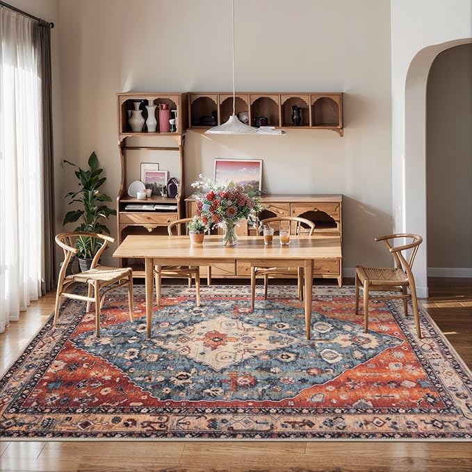 SERISSA 5x7 Boho Tribal Area Rug, Washable Large Rugs for Living Room, Ultra Soft Non-Slip Bedroom Rug Print Distressed Vintage Farmhouse Carpet Rug for Dining Room Dorm Office Home Decor