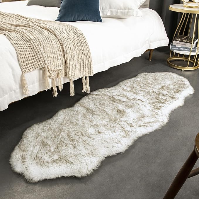 Ashler Home Deco Ultra Soft Faux Fox Fur Rug White Brown Fluffy Area Rug, Carpets Fluffy Rug Chair for Bedroom Floor Sofa Living Room 2 x 6 Feet