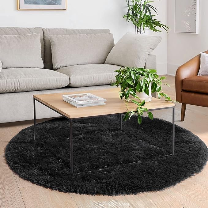Black Small Round Rug 3Ft for Bedroom, Fluffy Circle Area Rugs for Living Room Decor Aesthetic, Shaggy Furry Circular Floor Carpet for Office Playroom Nursery Classroom, Modern Baby Kid Teen Boy Rug