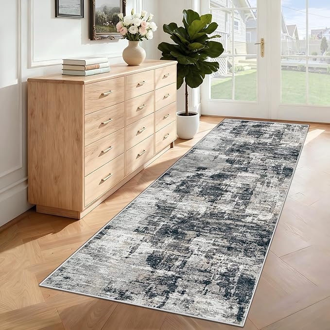 2x7 Runner Rug for Hallway, Washable Modern Abstract Runner Rugs Neutral Soft Non Slip Kids Rug Stain Resistant Indoor Runners for Entryway Bedroom Kitchen Laundry Room(BlackGrey, 2'x7')