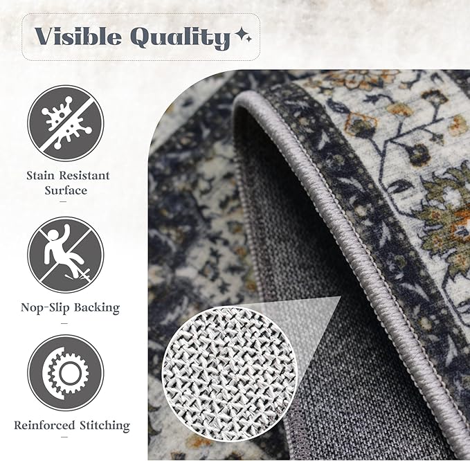 Area Rug 8x10 Washable Rug, Vintage Boho Medallion Rugs Non-Slip Soft Low Pile Large Distressed Rug Indoor Retro Carpet for Living Room Bedroom Dining Room Home Office (Vintage Black, 8'x10')