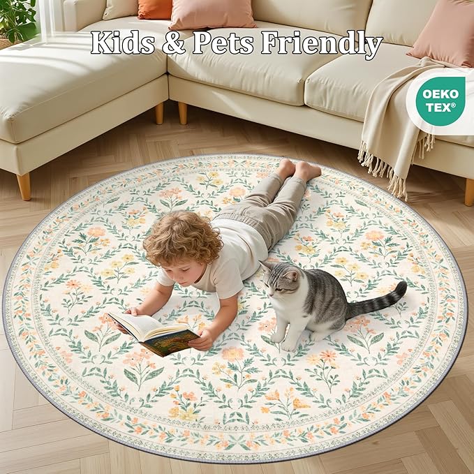 Round Area Rug for Living Room: 6 ft Floral Washable Circle Rug Soft Non-Slip Carpet Indoor Stain Resistant Low Pile Small Circular Rug for Bedroom Entryway Kitchen Nursery Home Office Beige/Multi