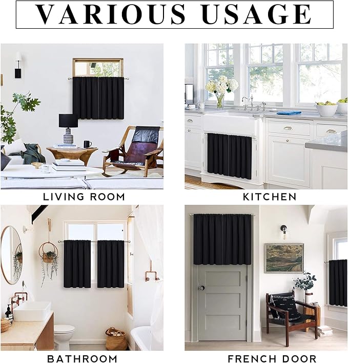 RYB HOME Blackout Curtains for Bedroom Living Room 63 inches Long, Thermal Insulated Privacy Rod Pocket Drapes for Nursery Office Home Theater, Width 34 by Length 63, Black, 2 Panels
