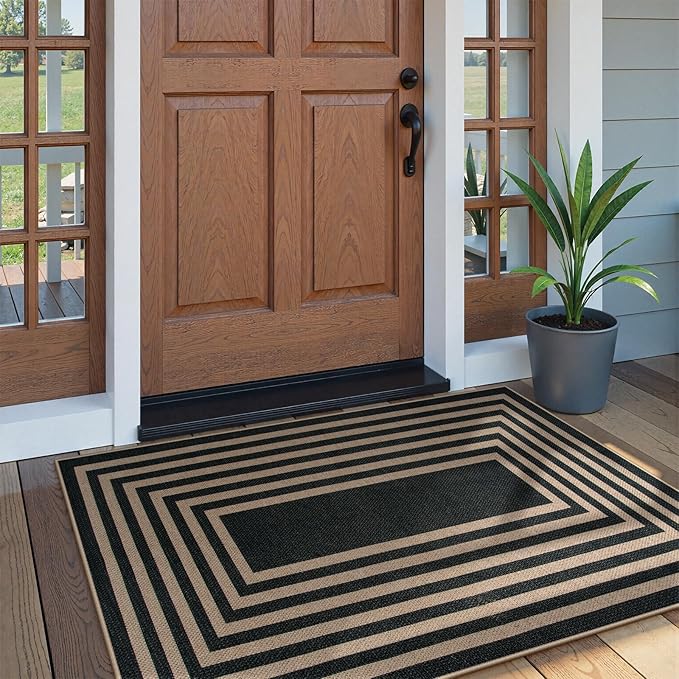 Lahome Enfys Modern Geometric Easy Jute Outdoor Rug, 3x5 Black Indoor Outdoor Carpet for Living Room Entryway, Farmhouse Non Slip Non Shedding Washable Area Rug for Patio Courtyard Bedroom