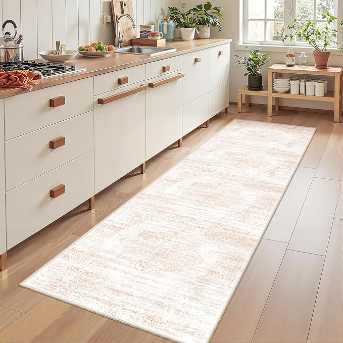 2x8 Runner Rug, Washable Runners for Hallways wirh Rubber Backing, Stain Resistant Kitchen Rug, Soft Thin Carpet Runner for Entrance, Bedroom, Living Room Indoor(2'x8', Pink/White)