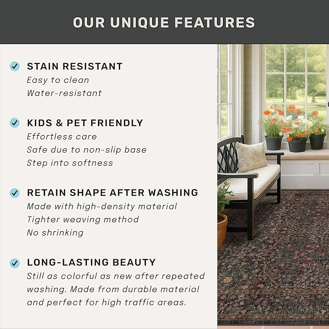 Hazo Haus Dark Brown 10x14 Area Rugs for Living Room - Extra Large Vintage Western Unique Neutral Floral, Washable Low Pile Non-Slip Soft Thin Area Rug for Dining Under Table, Bedroom Under Bed