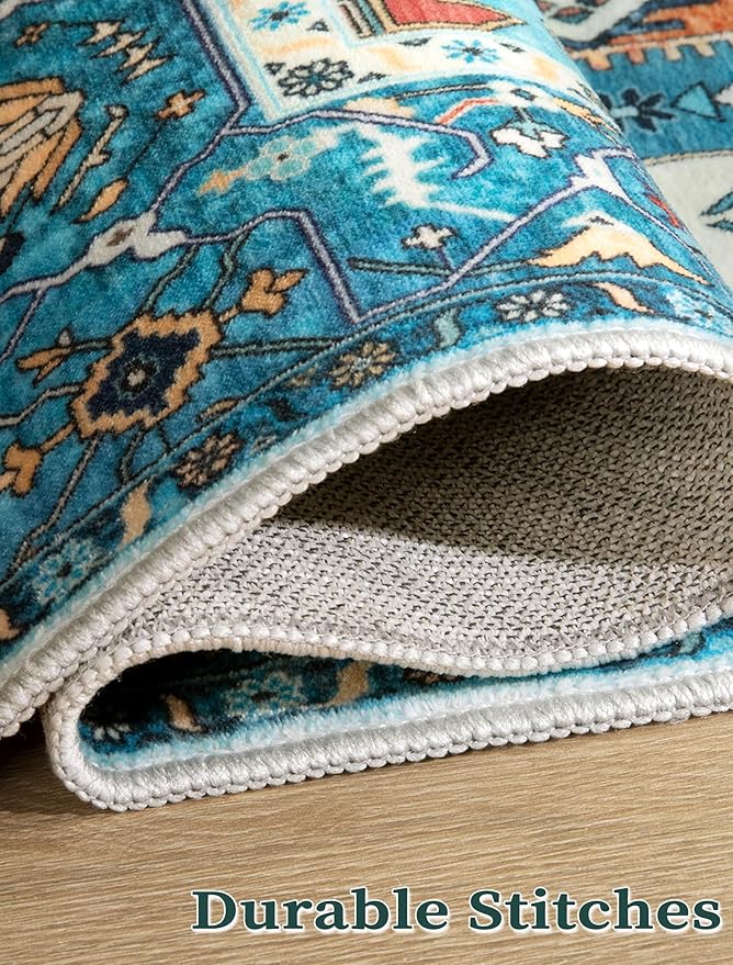 SERISSA Boho Kitchen Runner Rug, 3x7 Washable Non-Slip Runner Rug for Hallways Kitchen Rug, Ultra Soft Vintage Blue Print Distressed Tribal Floor Carpet Runner for Bedroom Entryway Laundry Room