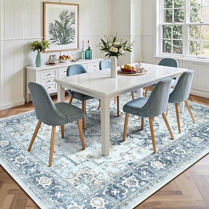 Lofus 6x9 Area Rugs for Living Room, Machine Washable Non-Slip Area Rug, Low Pile Large Rugs for Bedroom, Kitchen, Dining Room, Home Office, Vintage Oriental Print Rug, Blue Gold