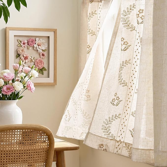 jinchan Belrose Linen Floral Kitchen Curtains 36 inch Length Embroidered Farmhouse Cafe Curtains for Living Room Bathroom Small Windows Curtain Set Sheer Light Filtering 2 Panels Beige