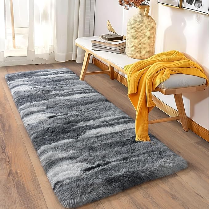 Soft Runner Rugs for Bedroom Hallways, 2x5 Abstract Grey Fluffy Shag Throw Area Rug Non Slip for Bedside Dorm, Long Shaggy Furry Carpet for Nursery Living Room