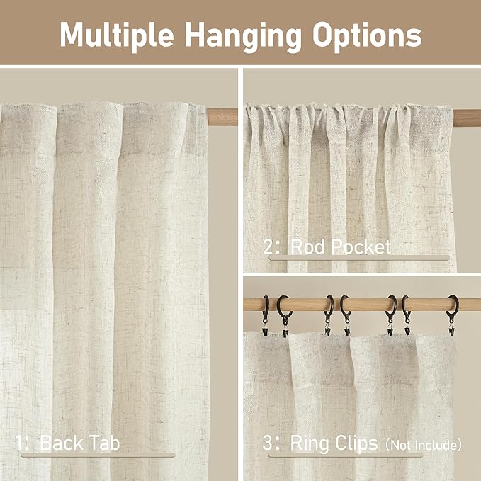 LAMIT Extra Wide Linen Curtains for Bedroom, Natural Cream Ivory Light Filtering Faux Linen Textured Panels Semi Sheer Back Tab and Rod Pocket Boho Drapes for Living Room, 2 Panels, 60 x 84 Inch