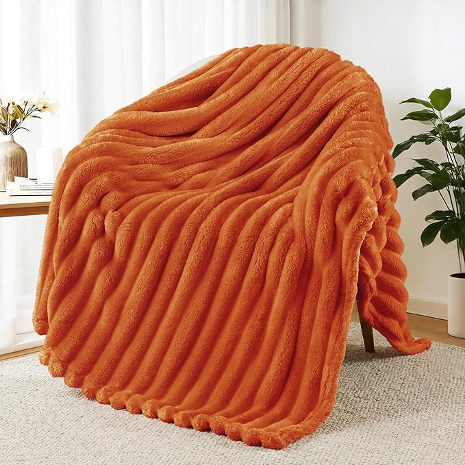 Exclusivo Mezcla Fleece Throw Blanket for Couch, Super Soft Striped Jacquard Bed Blanket, Lightweight Fuzzy Cozy for All Seasons, 50x60 Inches, Burnt Orange