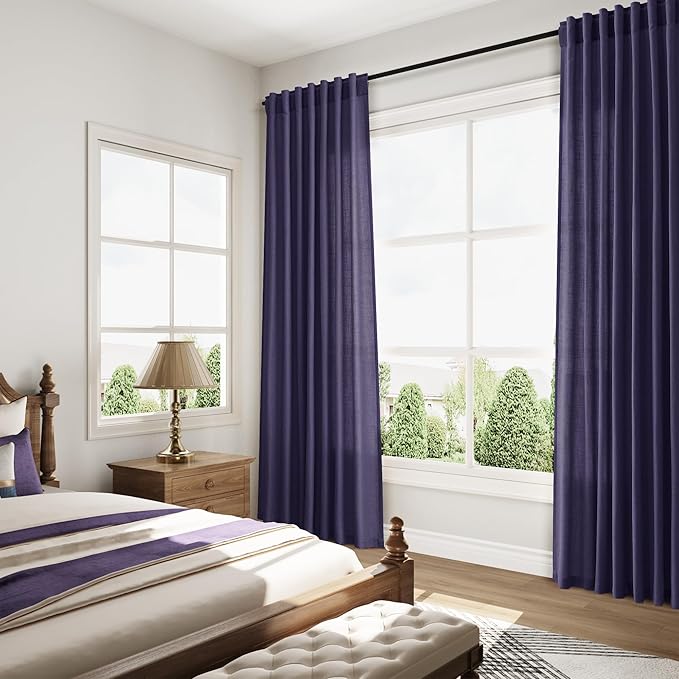 Nanspring Purple Linen Blend Light Filtering Back Tab Curtains 102 Inches Long, Semi Sheer Privacy Drapes for Living Room & Bedroom, 52x102 inch, 2 Panels