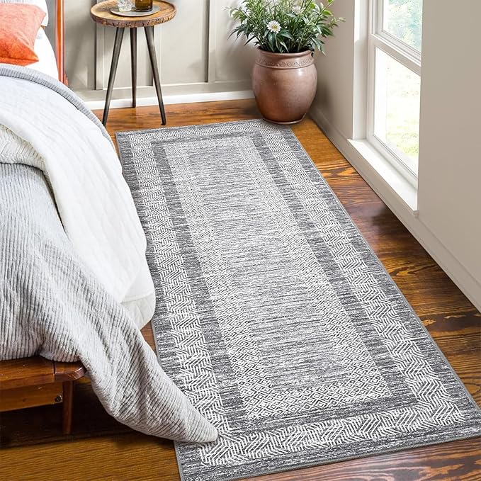 Washable 2.5x10 Kitchen Runner Rug, Easy Clean Geometri Rugs for Hallway Entryway, Indoor Outdoor Non Slip Rug Farmhouse Morden Carpet Door Mat Area Rug for Laundry Room Grey