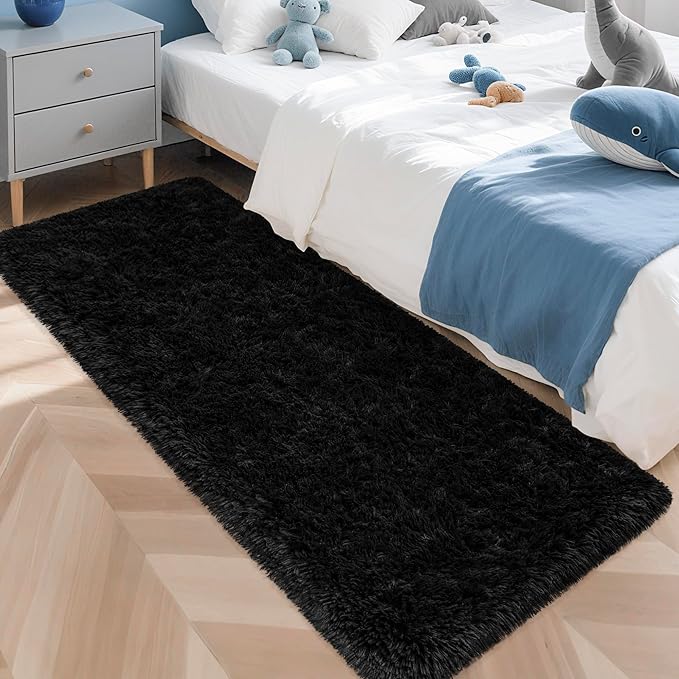 2x5 Bedside Area Rugs for Bedroom Soft Fluffy Shag Black Rug for Hallway Non-Slip Fuzzy Plush Living Room Rug Indoor Floor Carpet for Kids Rooms Dorm Nursery Modern Home Aesthetic Decor