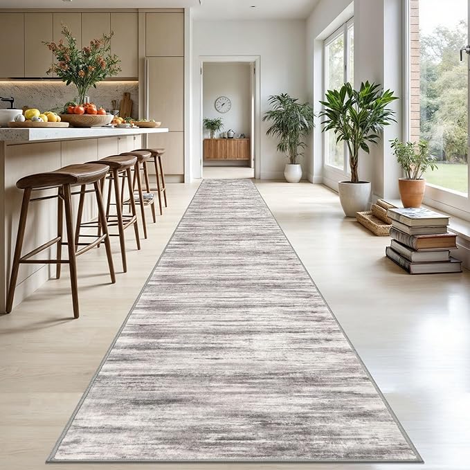 KOZYFLY Modern Abstract Washable Long Runner Rug 2.6x20 Hallway Rug Runner Non-Slip Soft Stair Runner Rugs, Grey/Light Beige/Brown Striped Carpet for Kitchen Entryway Bathroom