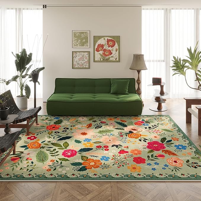 Rugcomf Area Rugs 9x12 Living Room Clearance Washable Boho Rug Non Slip Floral Vintage Low Pile Large Rug for Living Room, Bedroom, Farmhouse, Dining Room, Kids Playroom(Green)