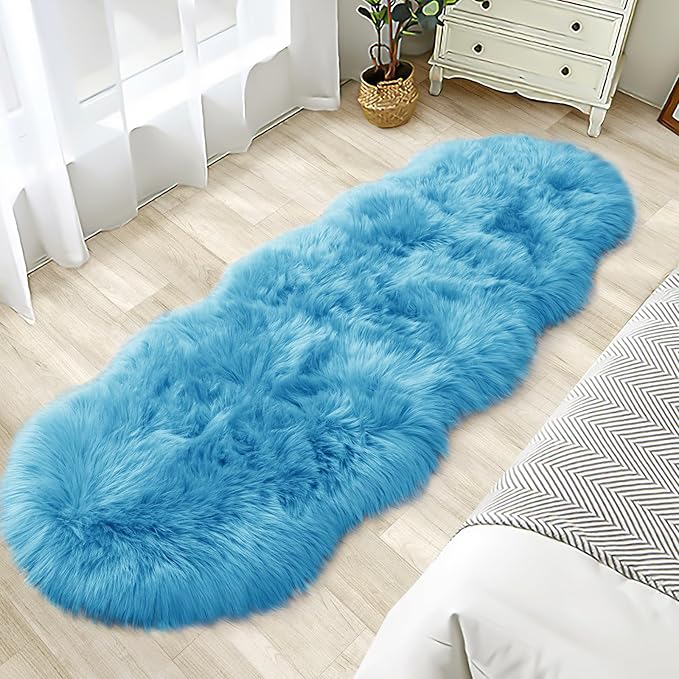 Faux Fur Rug for Bedroom, Fluffy Runner Rugs Soft Sheepskin Rug Sofa Couch Seat Cushion, 2x6ft Sky Blue Plush Area Rug Shag Rugs Floor Carpets for Nursery Bedside, Cute Shaggy Fuzzy Home Decor