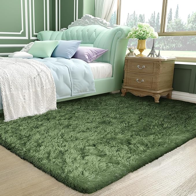 Ophanie Gray Green Rug Grass Area Rugs for Bedroom, 4x6 Shag Fluffy Carpet, Fuzzy Furry Plush Soft Cute Kids Baby Girls Shaggy Bedside Indoor Floor Carpets for Teen Dorm Home Decor Aesthetic, Nursery