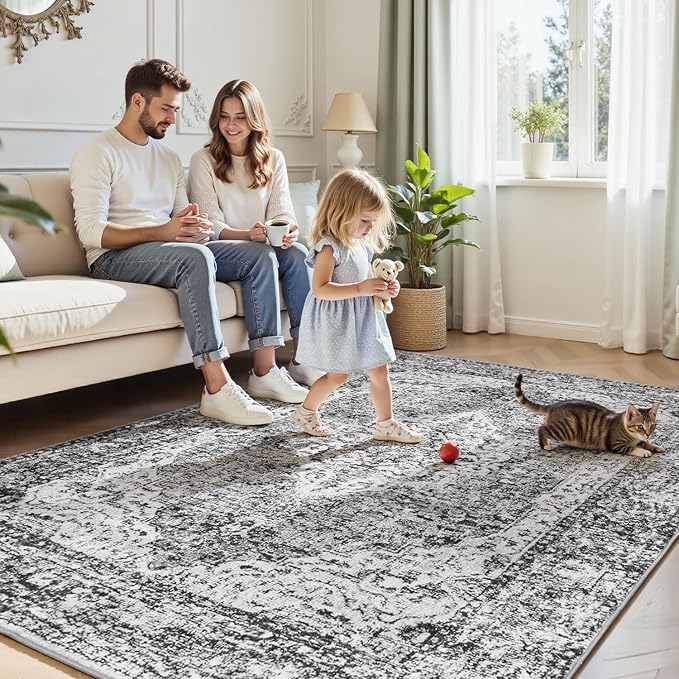 Lofus 8x10 Area Rugs for Living Room, Washable Area Rug, Rugs for Bedroom, Kitchen, Vintage Boho Carpet, Soft Non-Slip, Low Pile Large Area Rug for Office Dining Room, Vintage Dark Grey